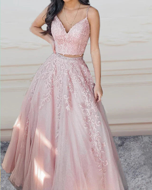 Two Piece Embroidery Lace Ball Gown Prom Dresses
